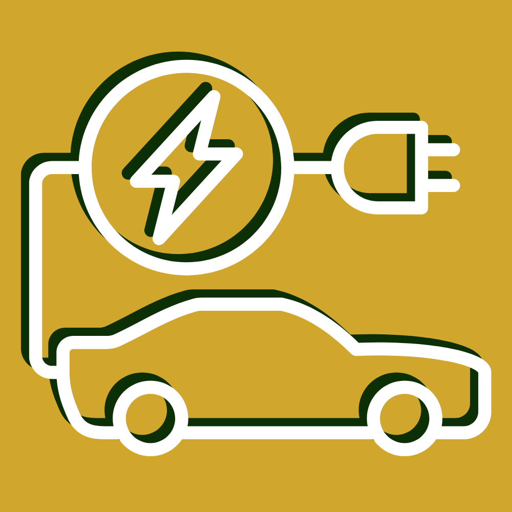 Gold background with a graphic of an electric vehicle charging